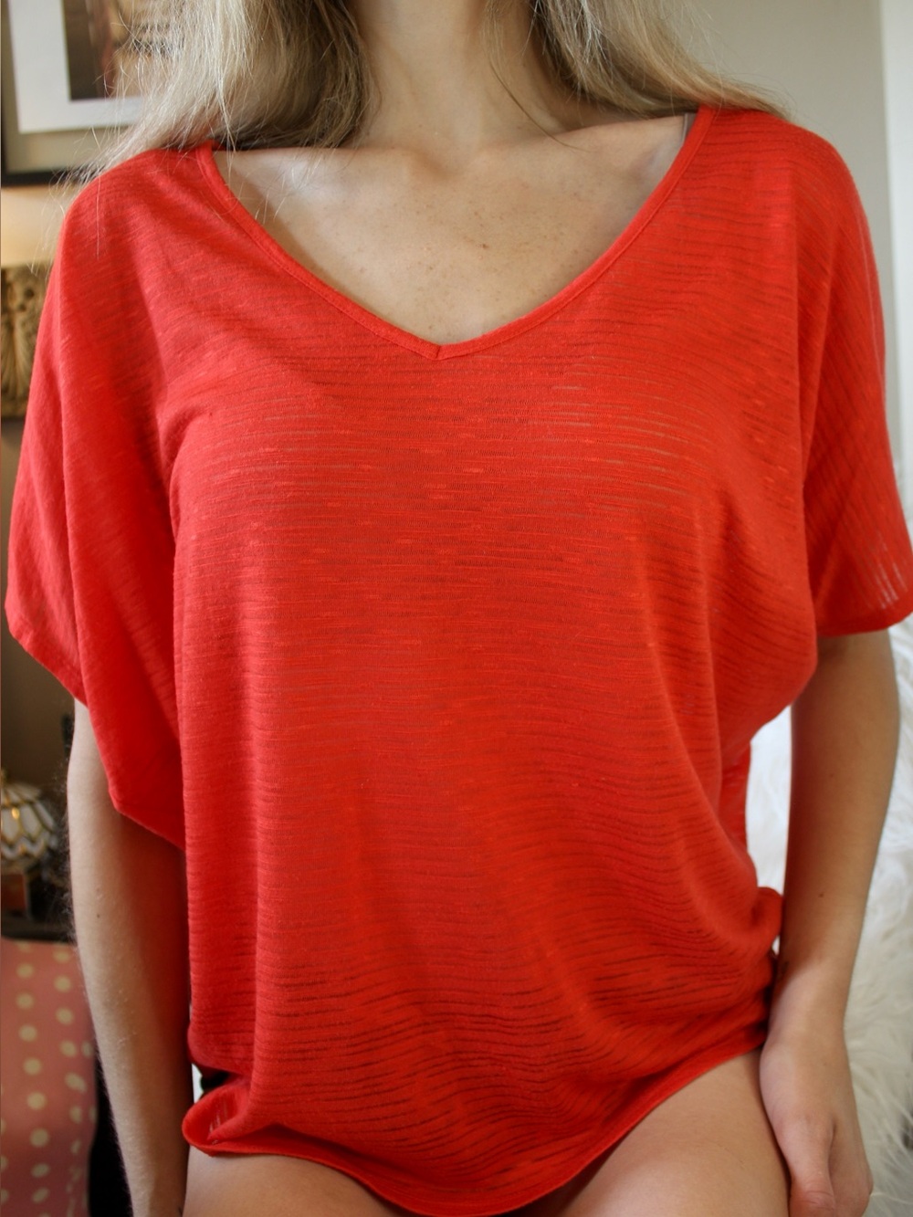 Express Women's Red V-Neck Burnout Dolman Sleeve Mesh Flowy Top / Large